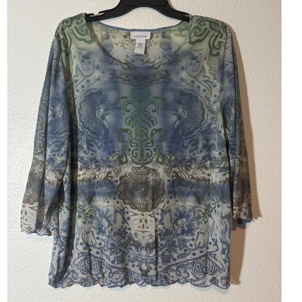 Avenue Size 18/20 Blue Green Paisley Geometric 3/4 Sleeves Boho Scoop Neck Top